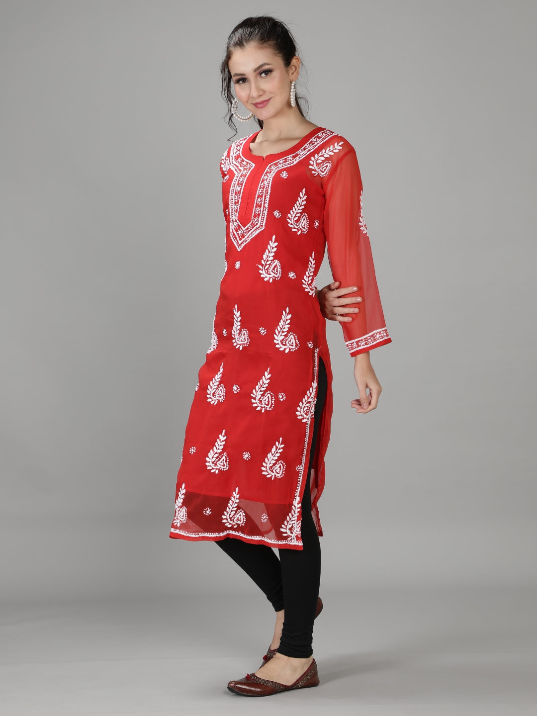 Embroidered-Red-Lucknowi-Chikan-Kurti
