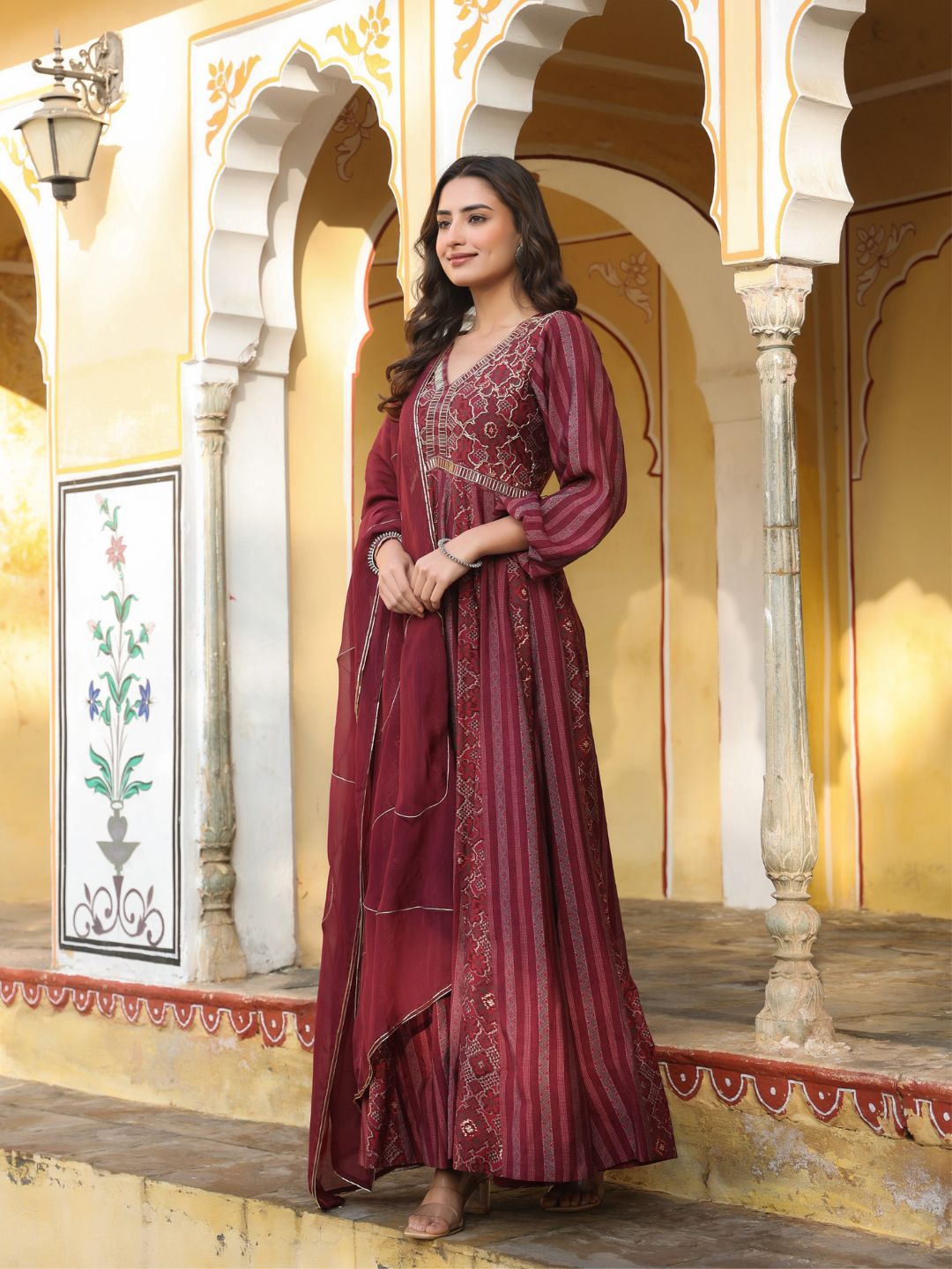 Farah-Wine-Printed-Flared-Gown-With-Dupatta