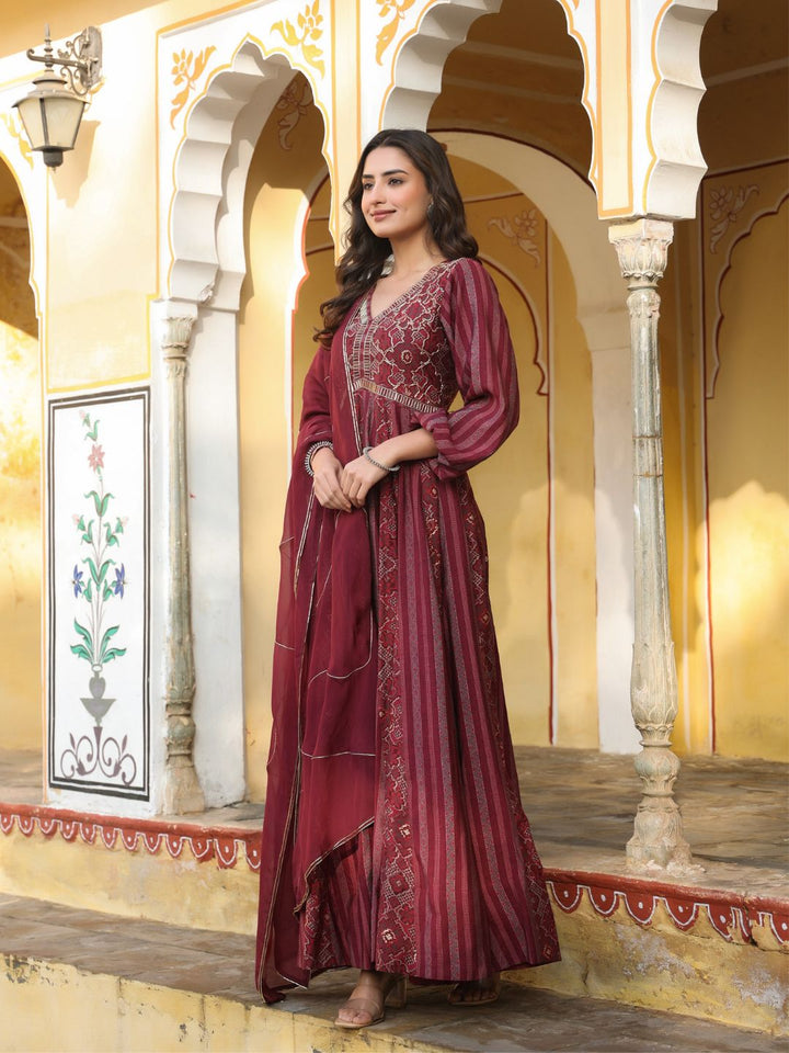 Farah-Wine-Printed-Flared-Gown-With-Dupatta