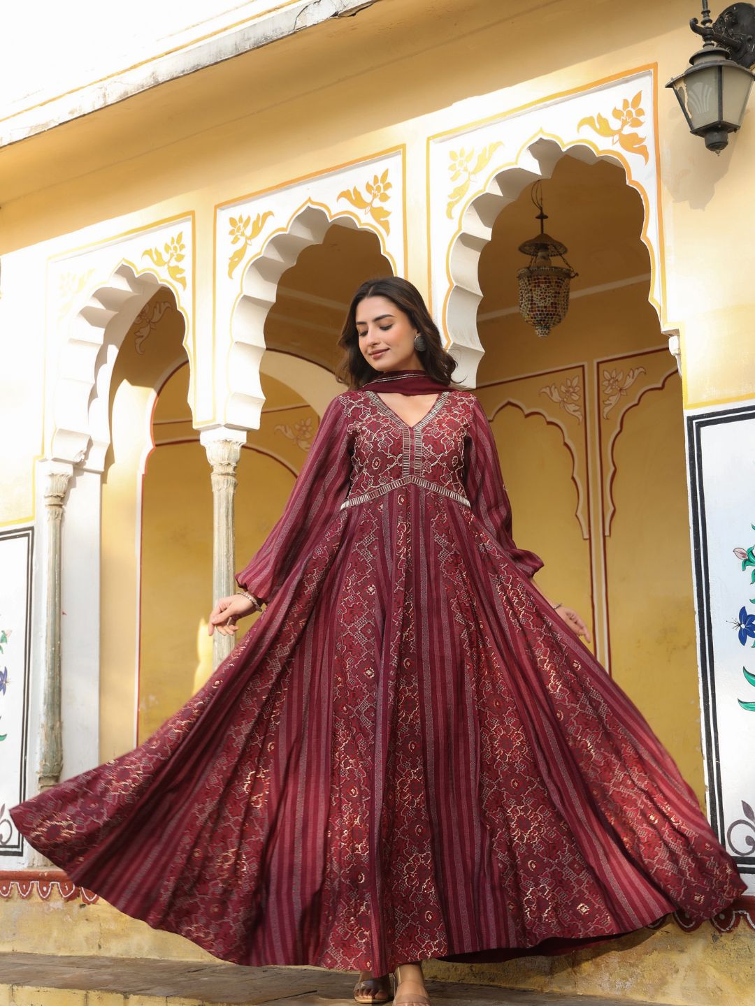 Farah-Wine-Printed-Flared-Gown-With-Dupatta