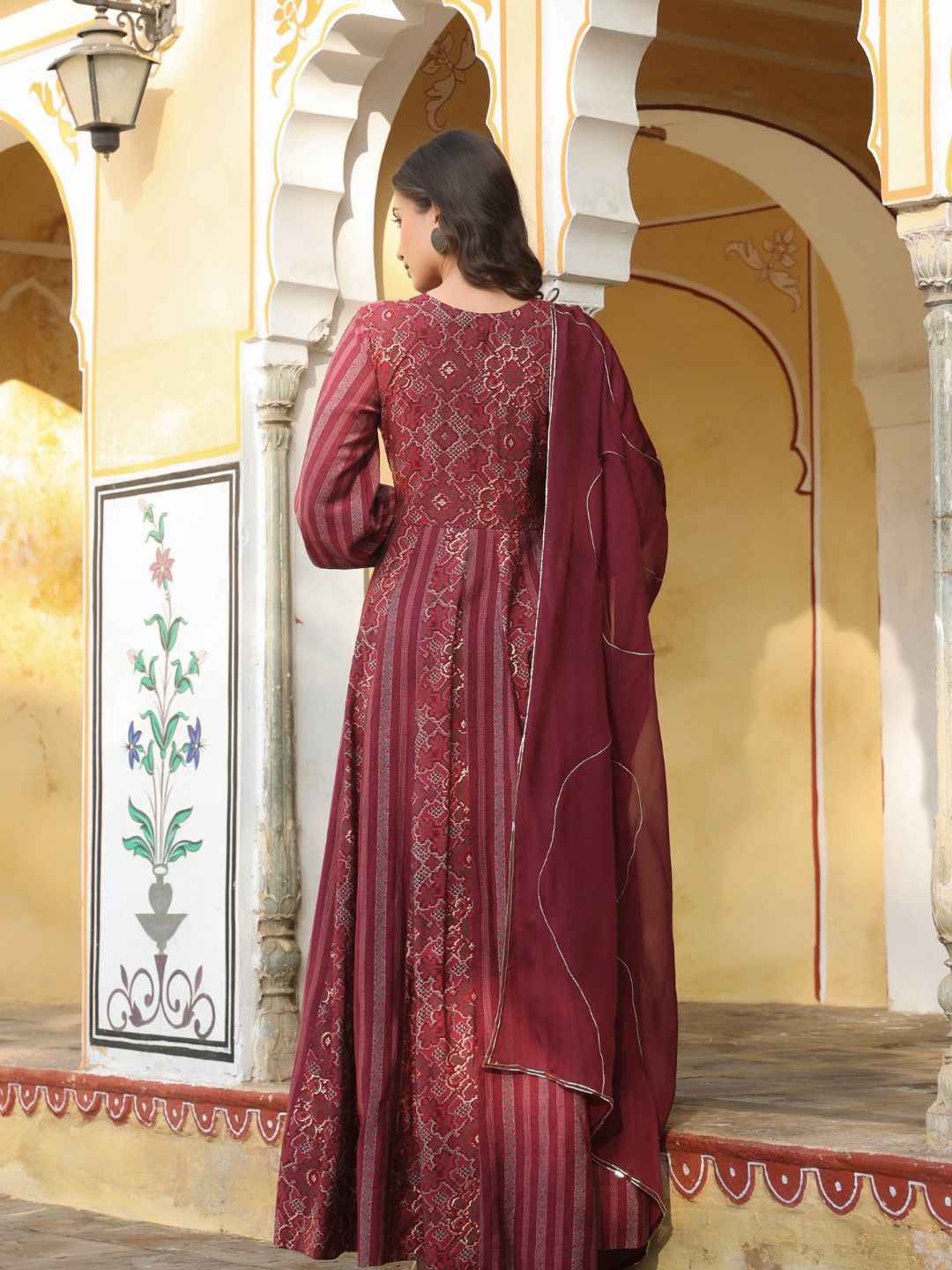 Farah-Wine-Printed-Flared-Gown-With-Dupatta