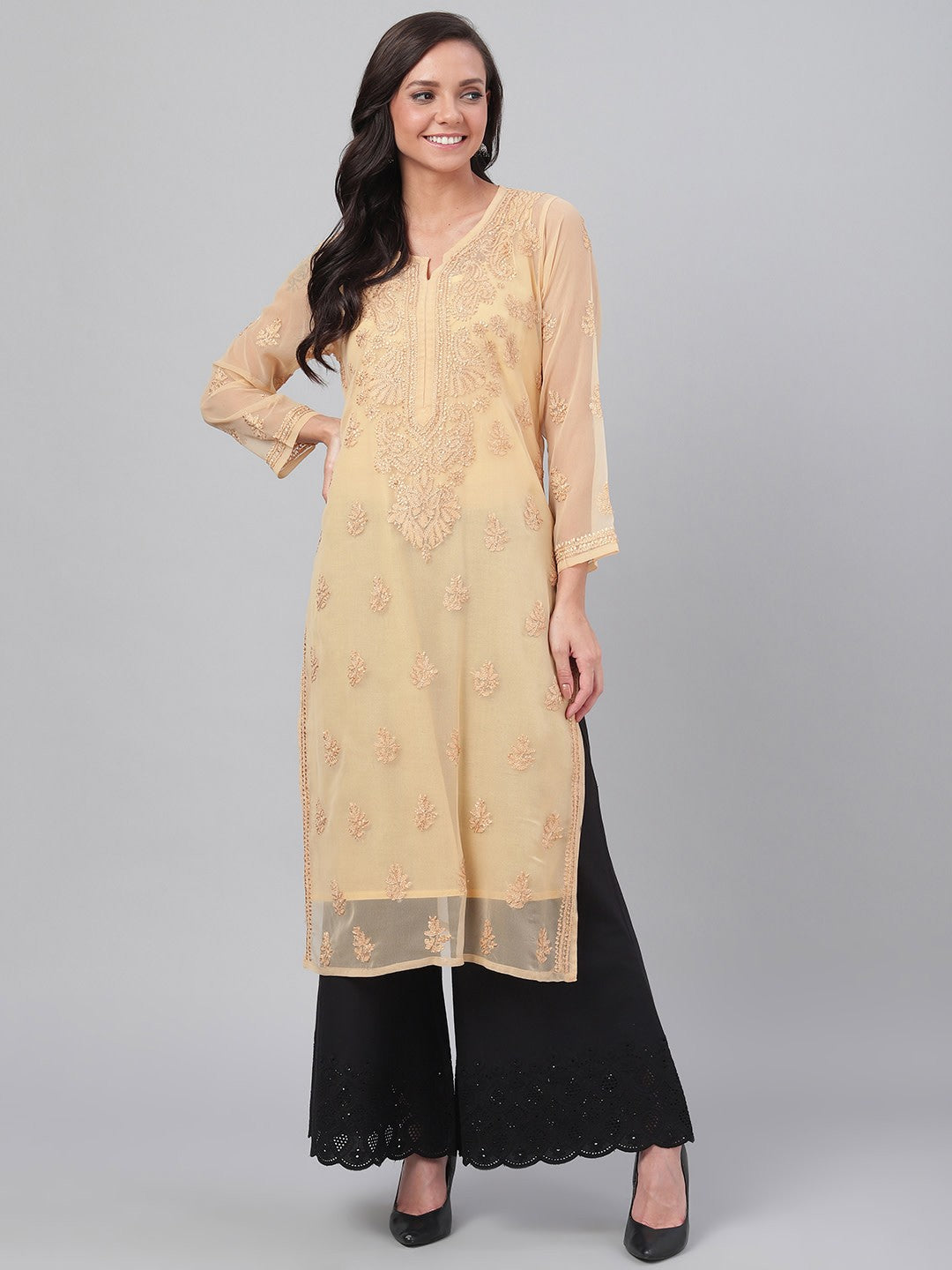 Fawn Faux Georgette Chikankari Straight Kurti