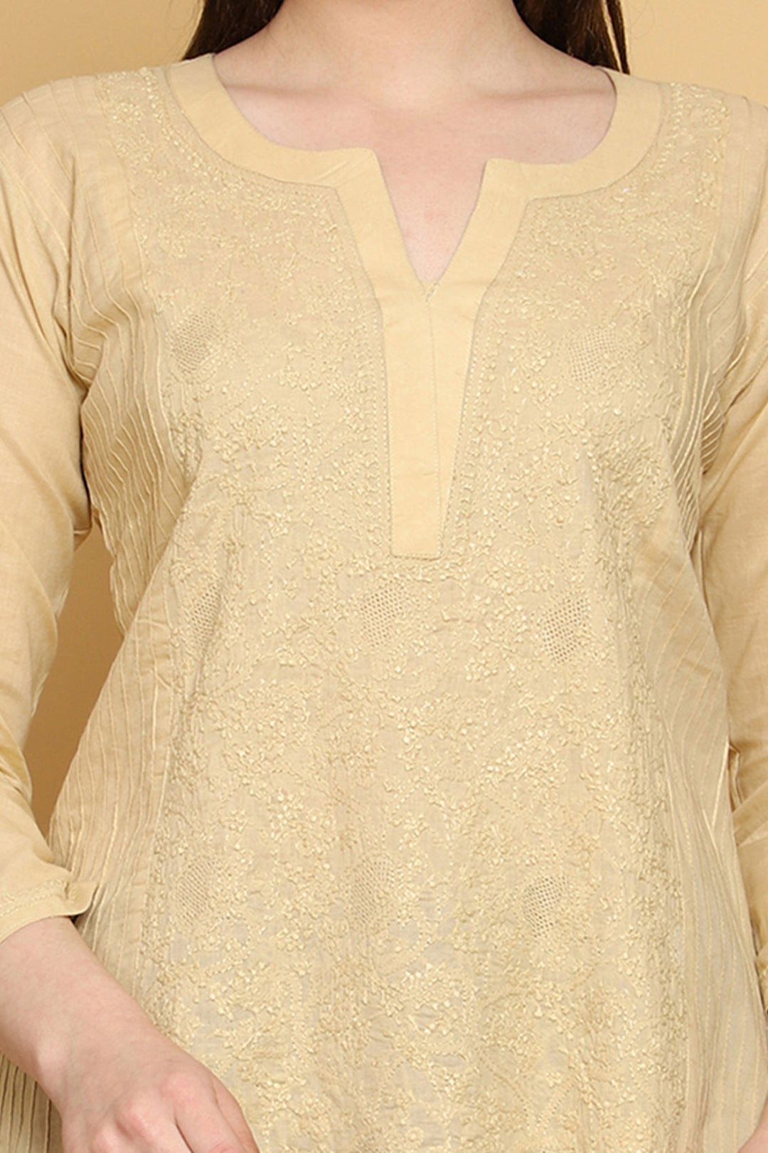 Fawn Hand Embroidered Chikankari Side-Pleated Tunic Top