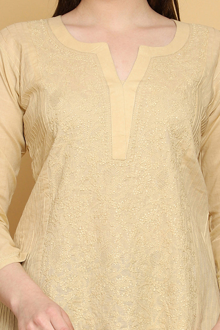 Fawn Hand Embroidered Chikankari Side-Pleated Tunic Top