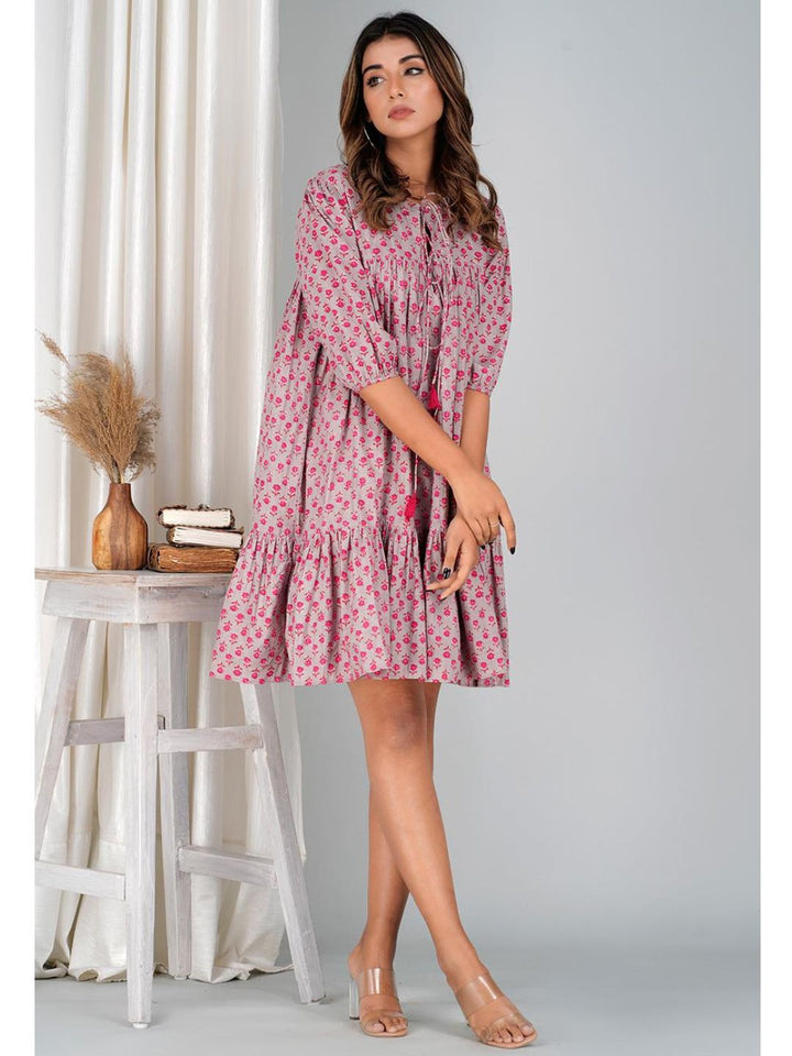 Floral Pink Cotton Mini Tier Dress