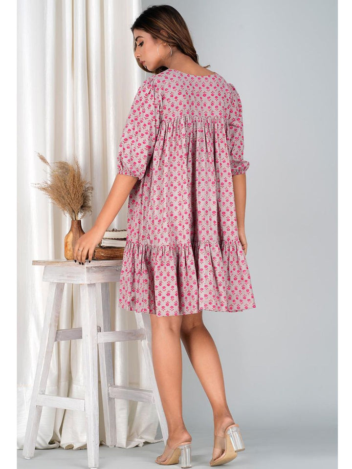Floral Pink Cotton Mini Tier Dress