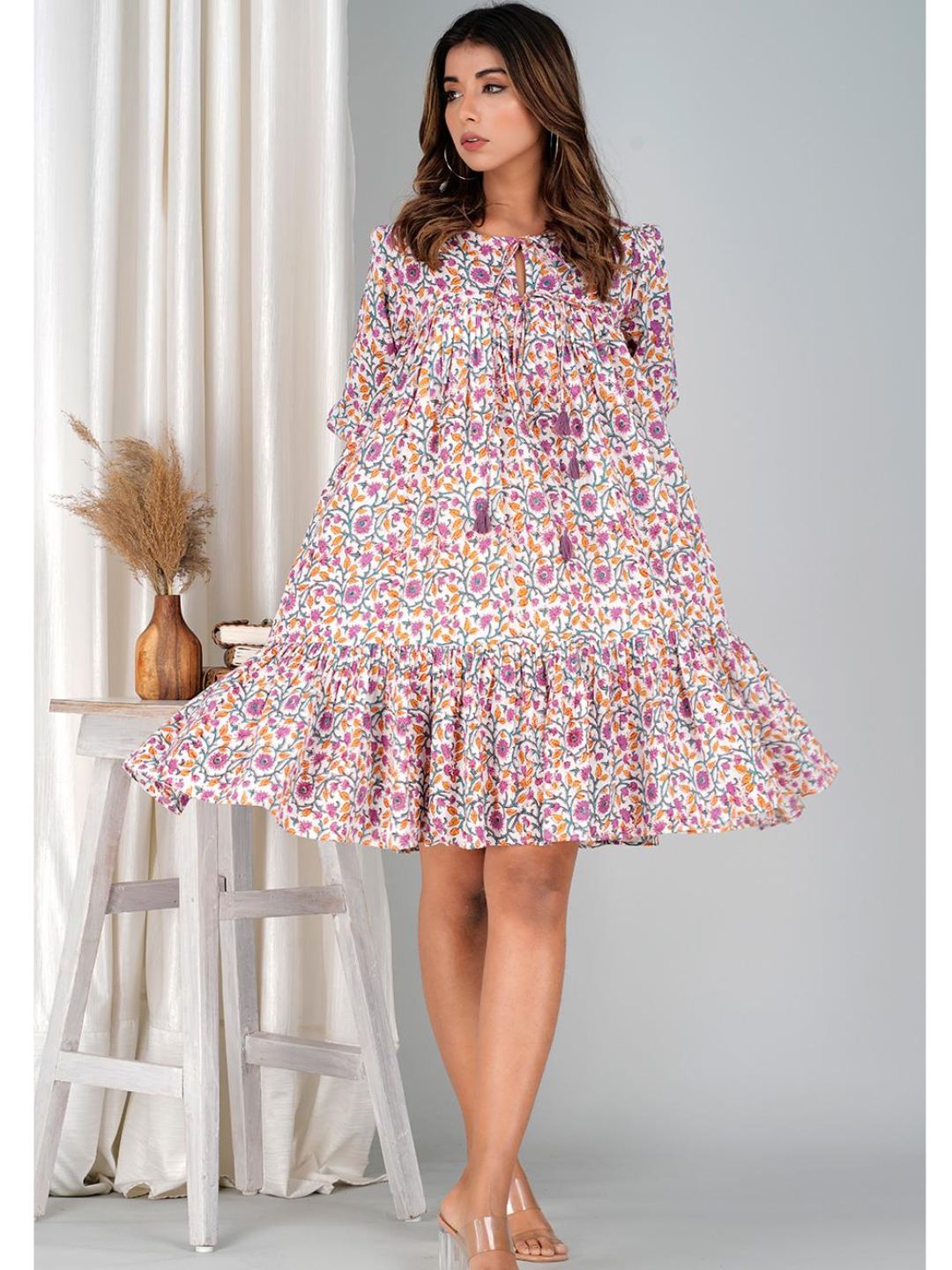 Floral Violet Cotton Mini Tier Dress