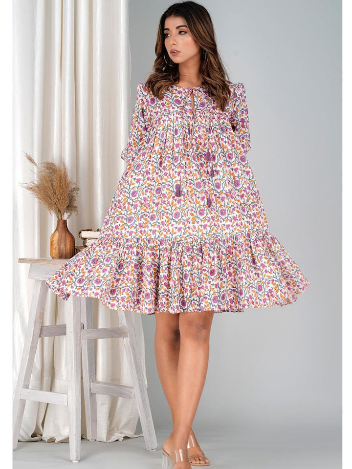 Floral Violet Cotton Mini Tier Dress