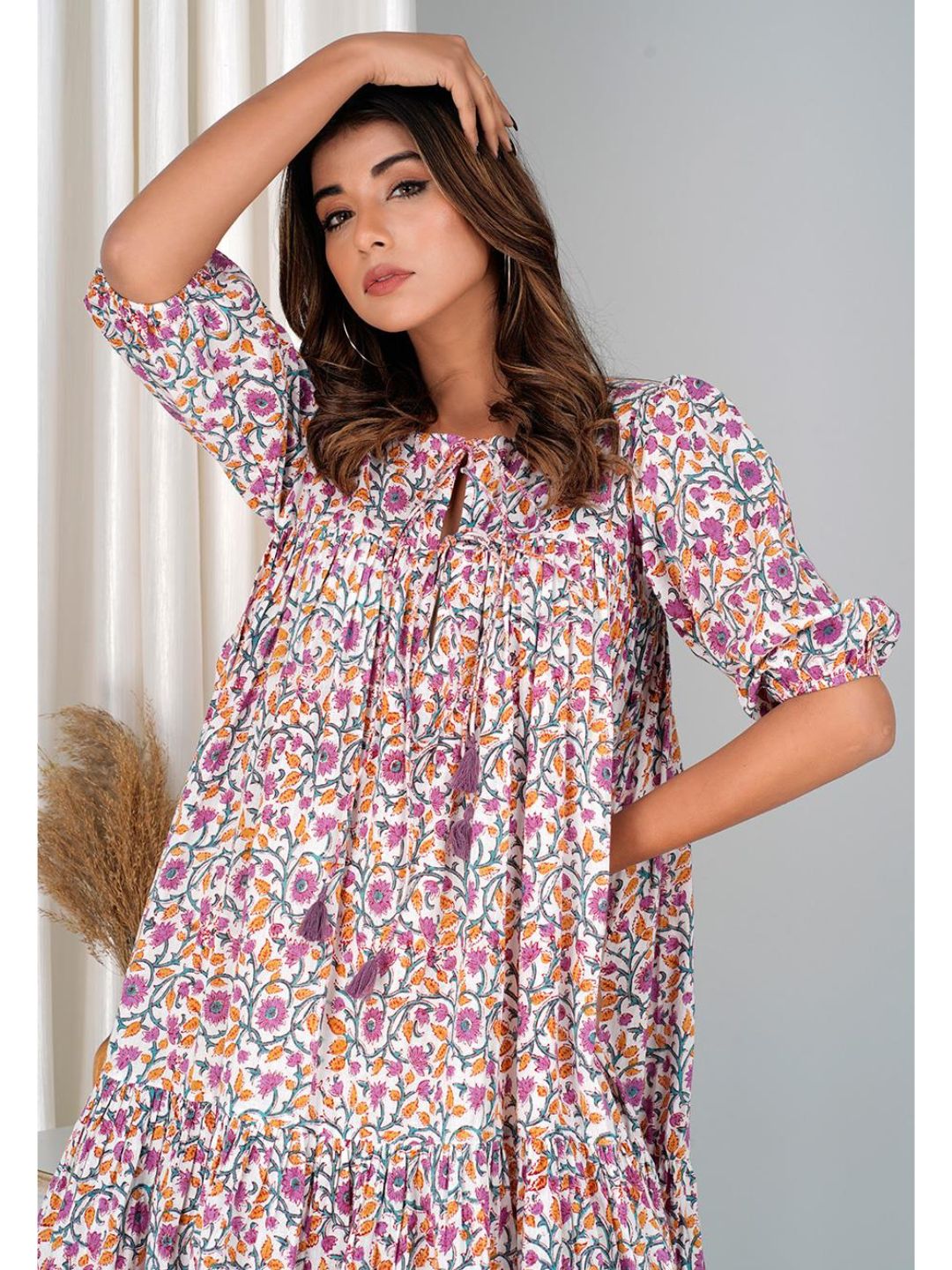Floral Violet Cotton Mini Tier Dress