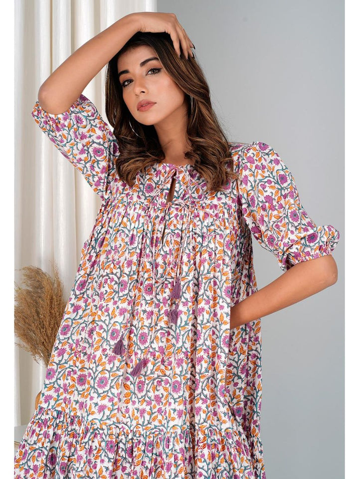 Floral Violet Cotton Mini Tier Dress