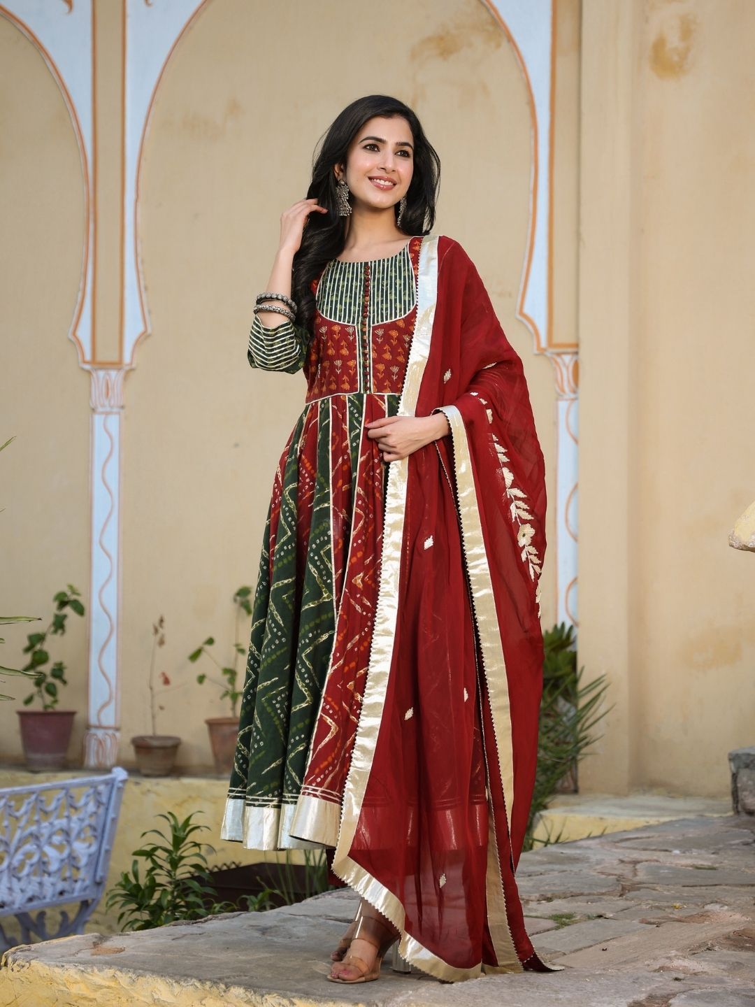 Gajban-Maroon-Chanderi-Anarkali-Set-&-Dupatta