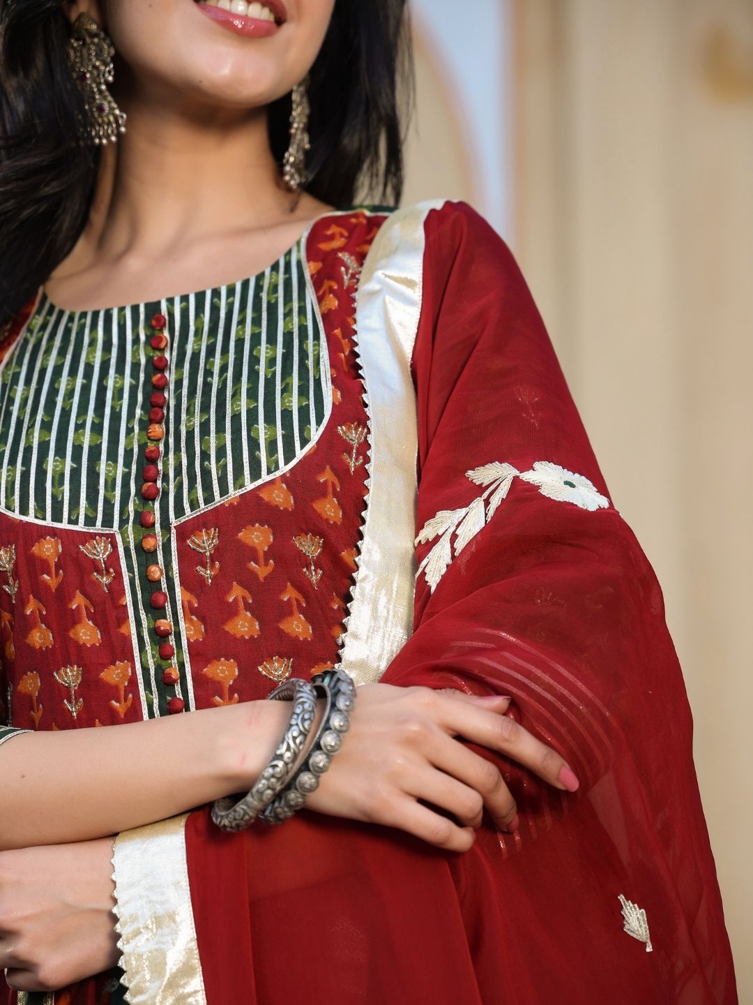 Gajban-Maroon-Chanderi-Anarkali-Set-&-Dupatta