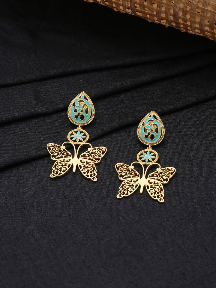 Gold-Matte Blue Meenakari Butterfly Earrings