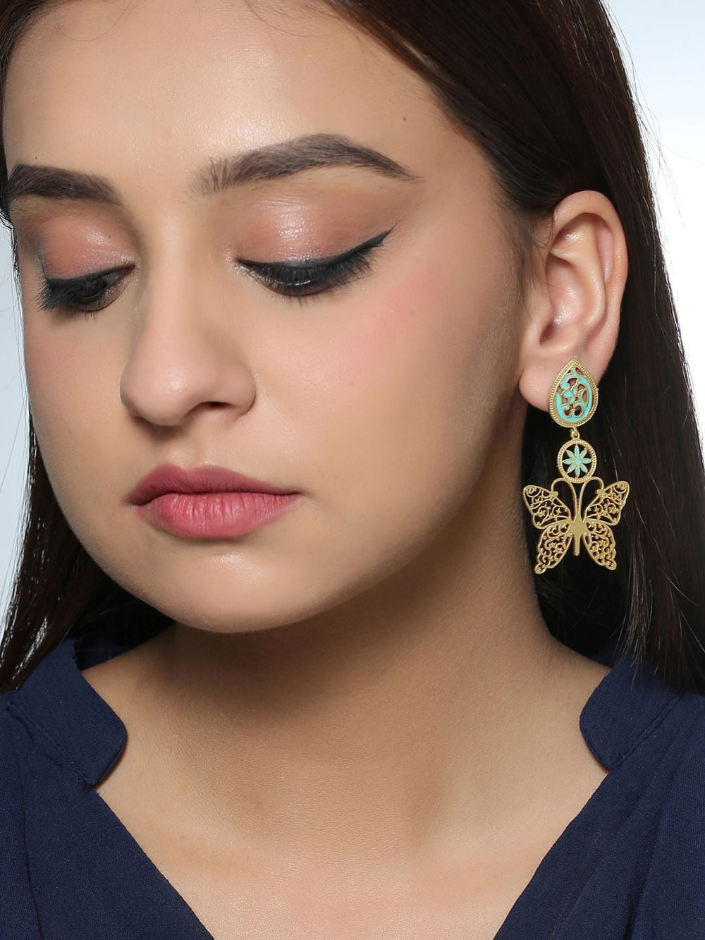 Gold-Matte Blue Meenakari Butterfly Earrings