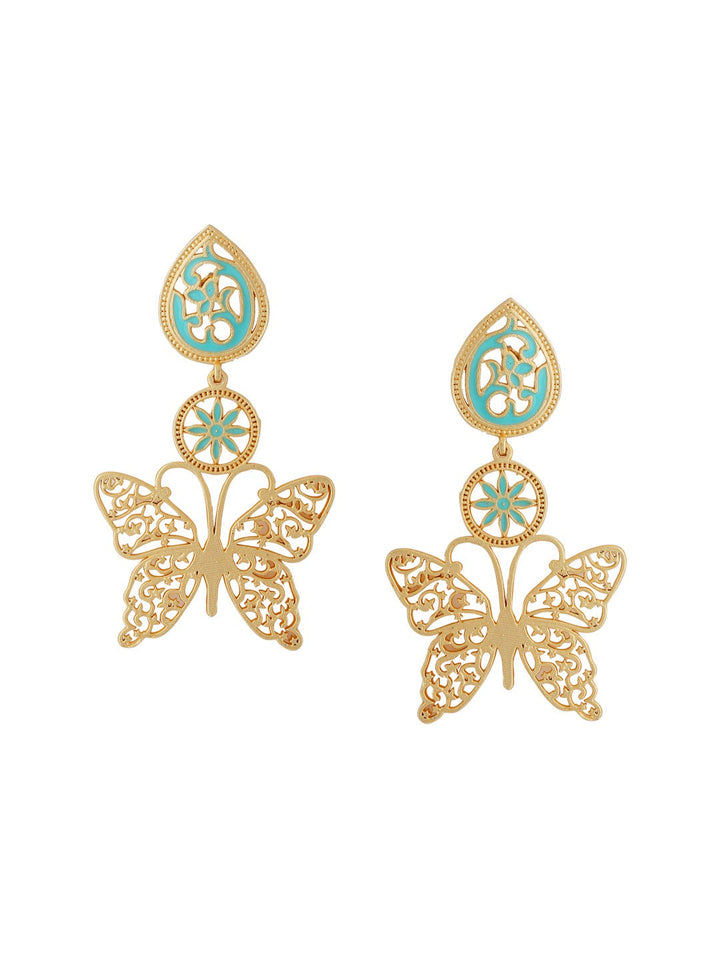 Gold-Matte Blue Meenakari Butterfly Earrings
