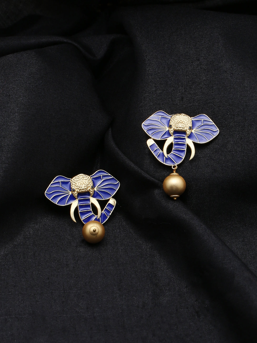 Gold-Matte Blue Meenakari Elephant Earrings