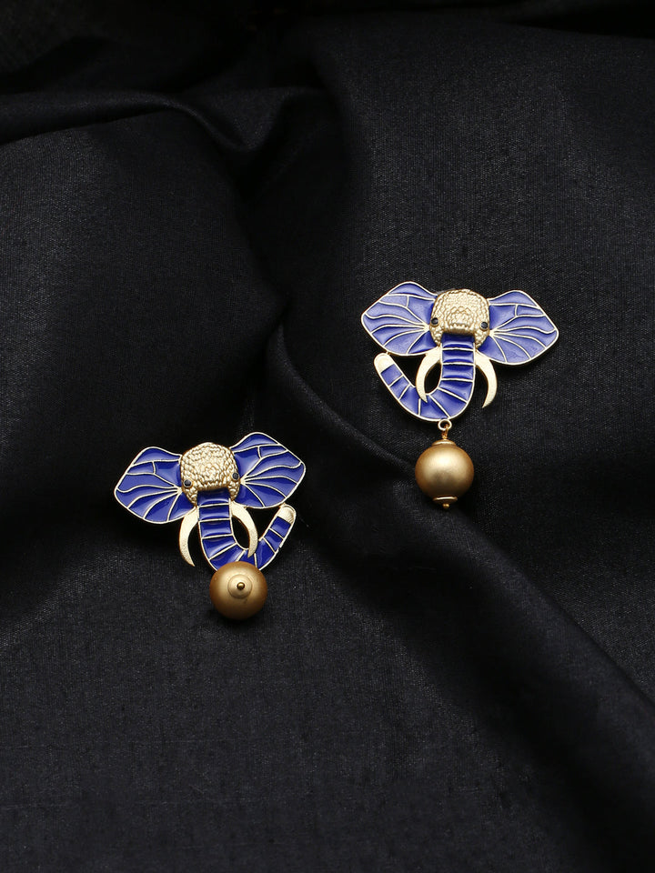 Gold-Matte Blue Meenakari Elephant Earrings