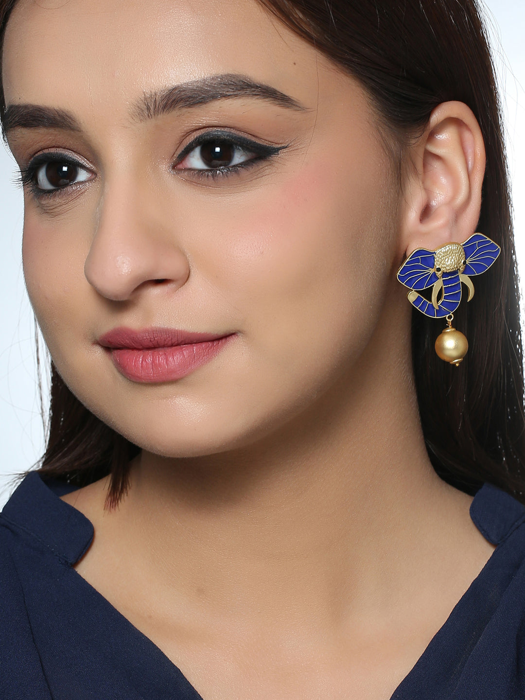 Gold-Matte Blue Meenakari Elephant Earrings