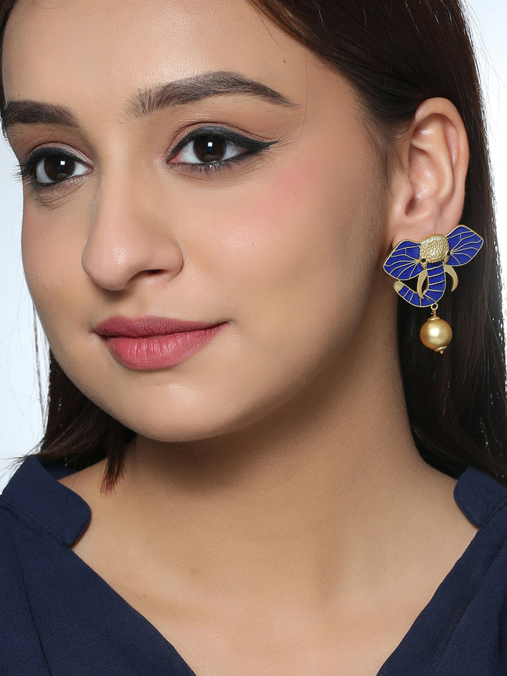 Gold-Matte Blue Meenakari Elephant Earrings