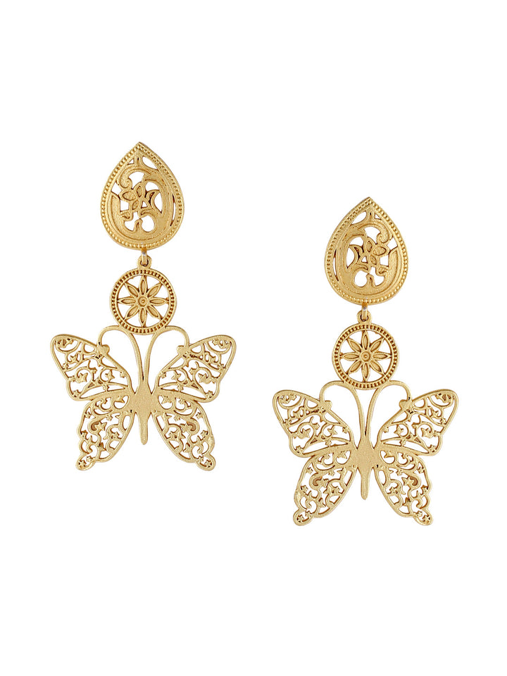 Gold-Matte Gold Meenakari Butterfly Earrings
