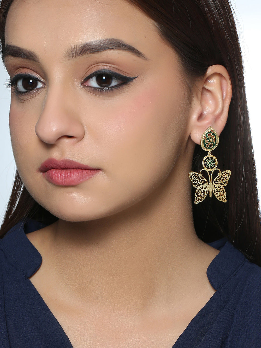 Gold-Matte Green Meenakari Butterfly Earrings
