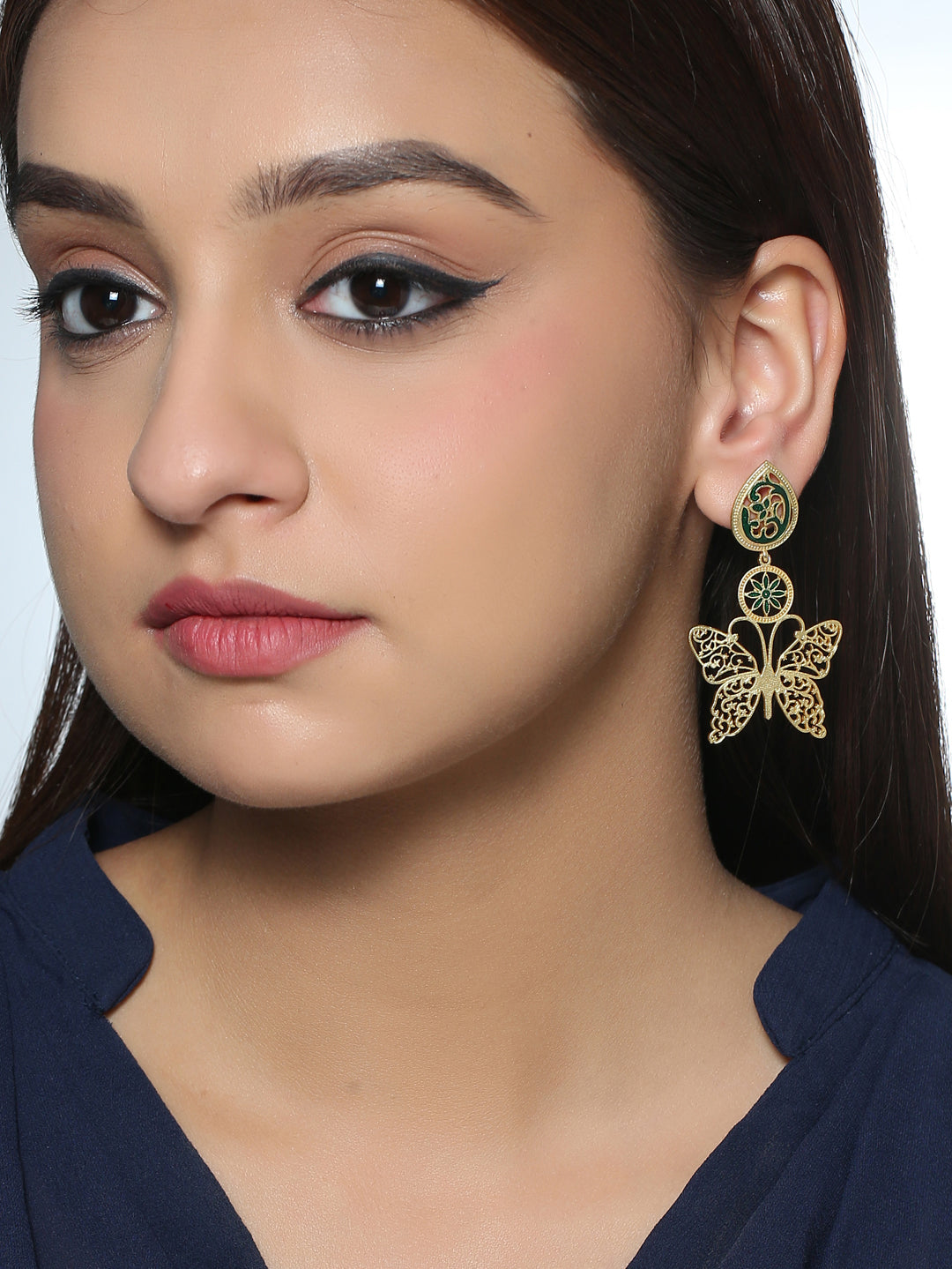 Gold-Matte Green Meenakari Butterfly Earrings