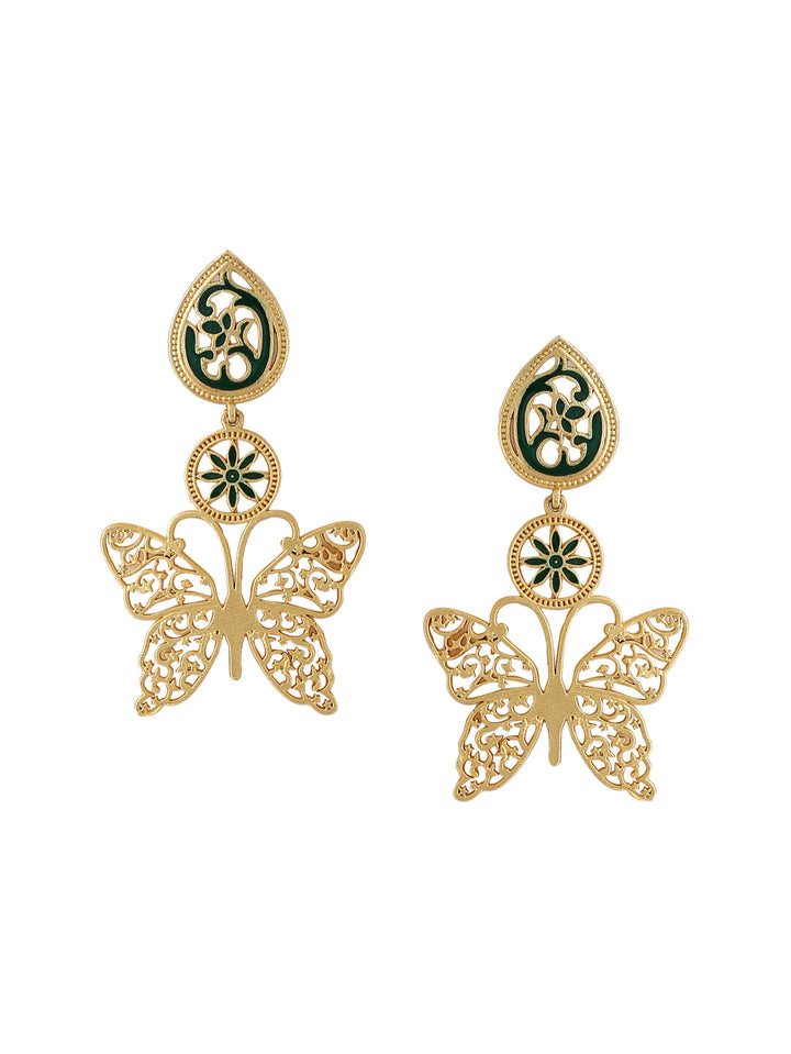 Gold-Matte Green Meenakari Butterfly Earrings