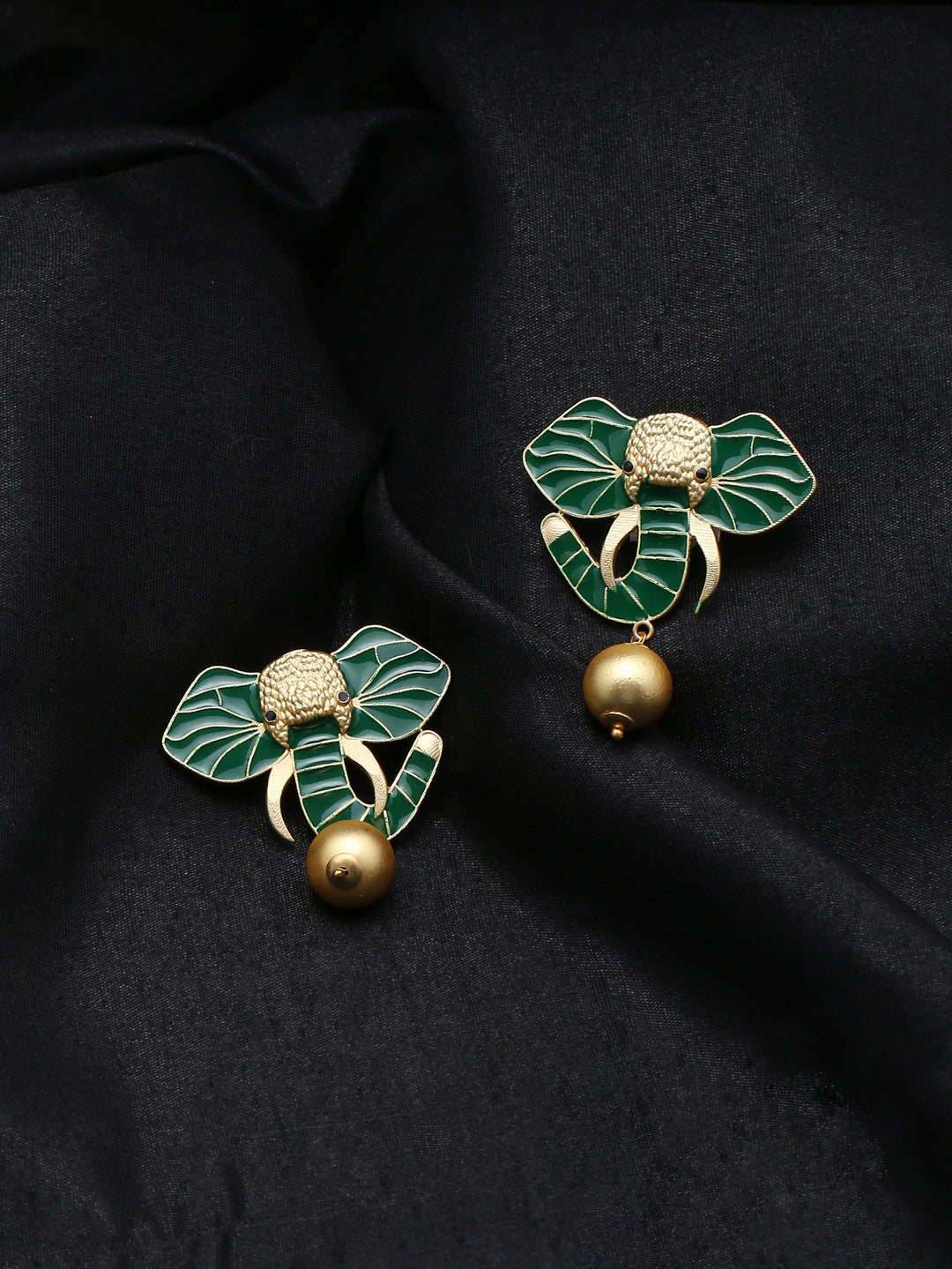 Gold-Matte Green Meenakari Elephant Earrings