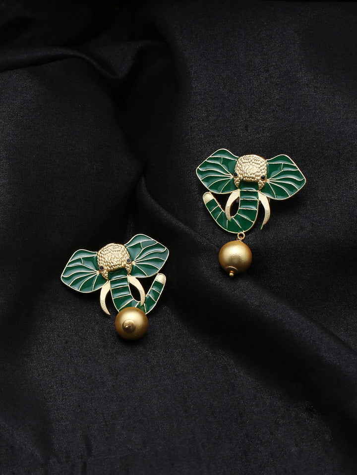 Gold-Matte Green Meenakari Elephant Earrings