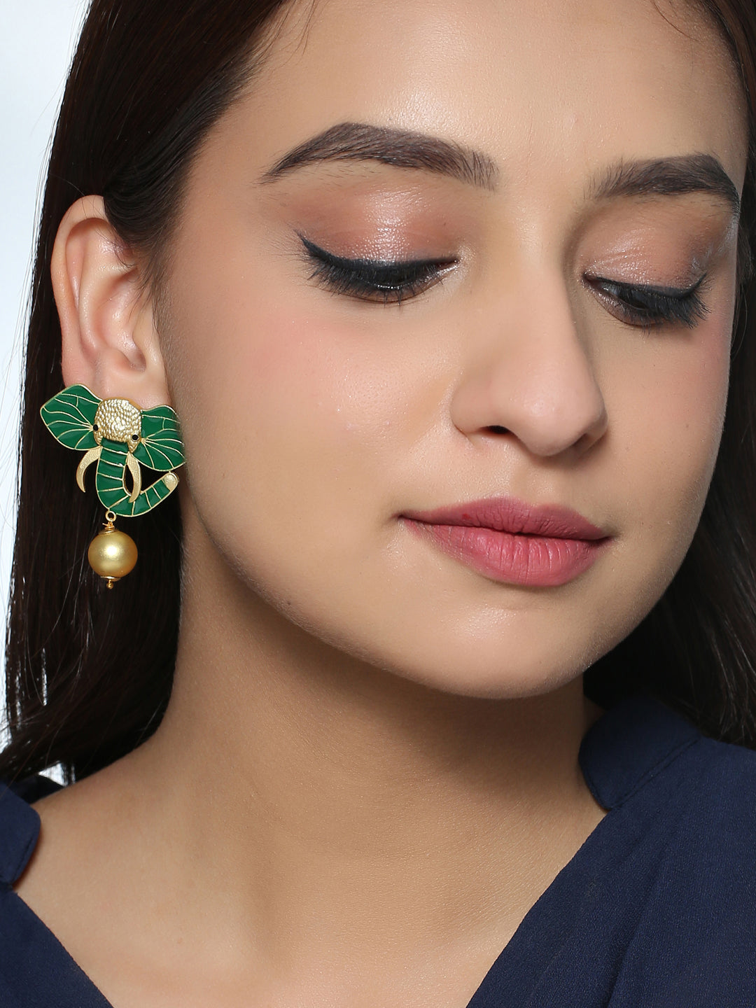 Gold-Matte Green Meenakari Elephant Earrings