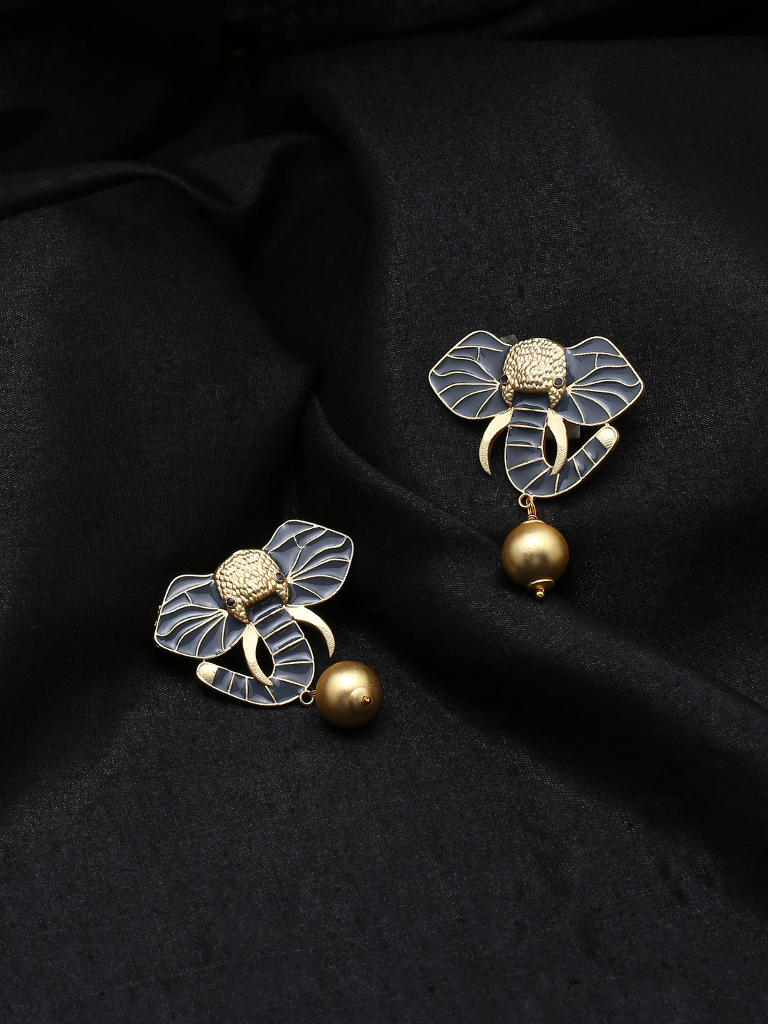 Gold-Matte Grey Meenakari Elephant Earrings