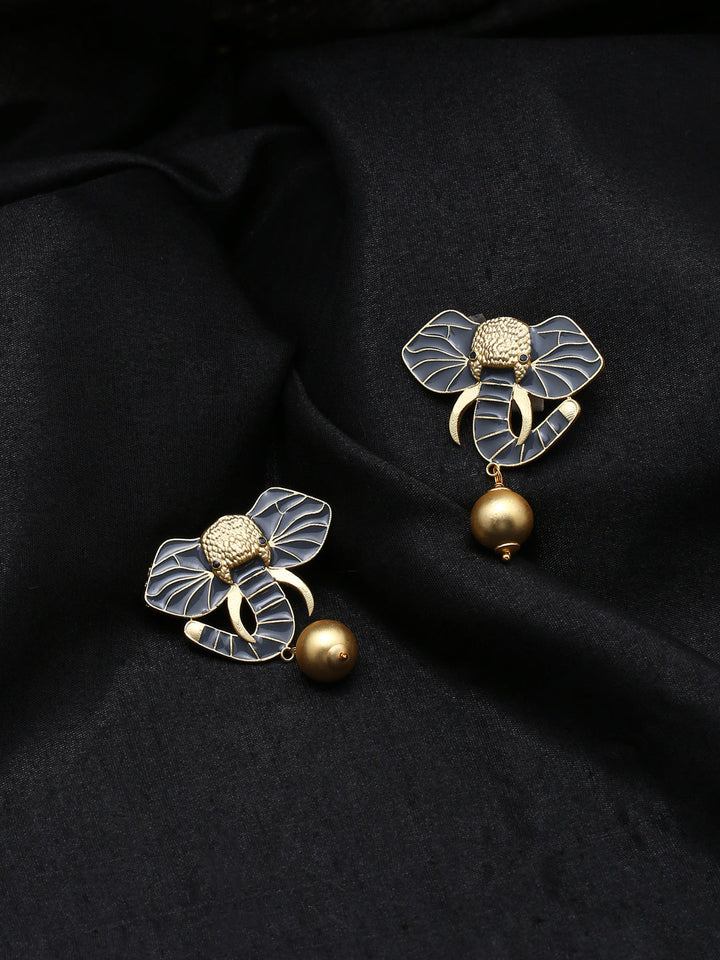 Gold-Matte Grey Meenakari Elephant Earrings