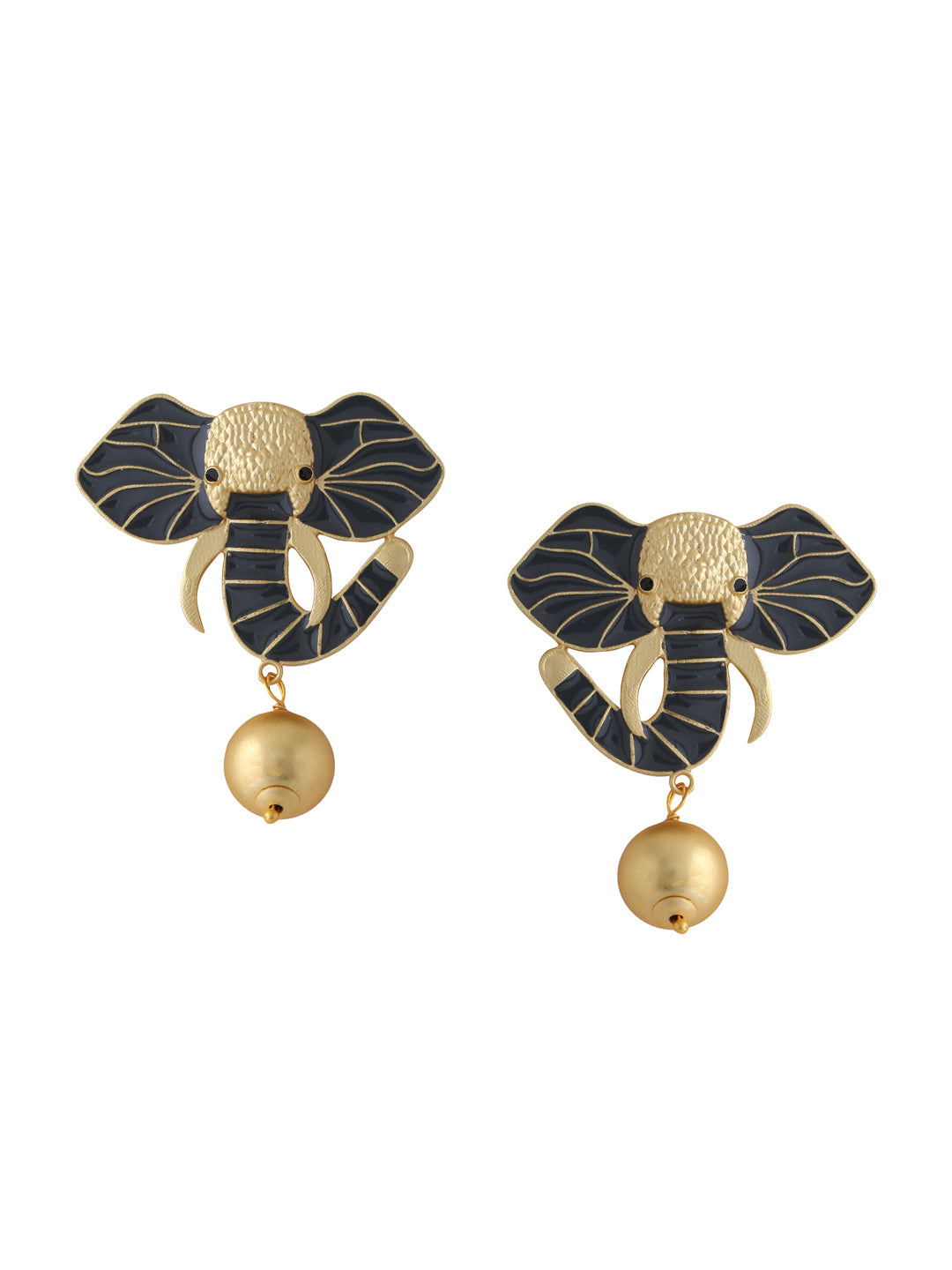 Gold-Matte Grey Meenakari Elephant Earrings