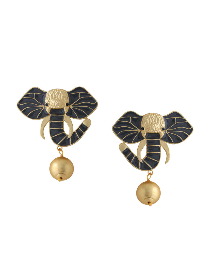Gold-Matte Grey Meenakari Elephant Earrings