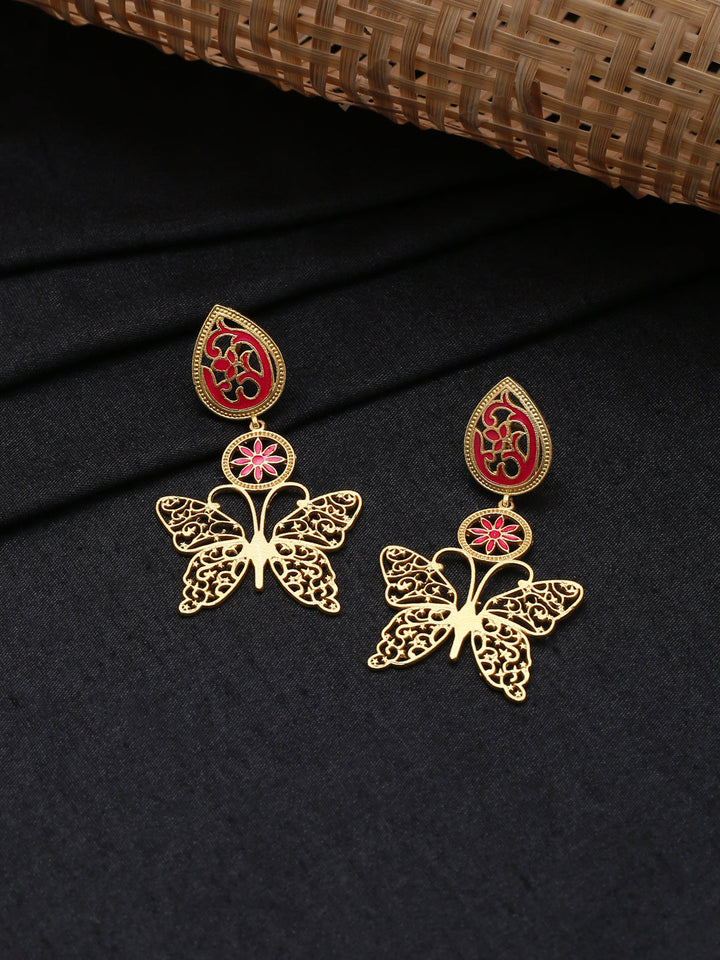 Gold-Matte Pink Meenakari Butterfly Earrings