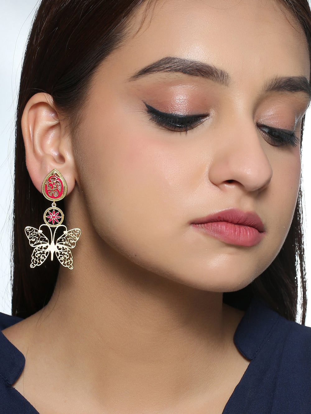 Gold-Matte Pink Meenakari Butterfly Earrings
