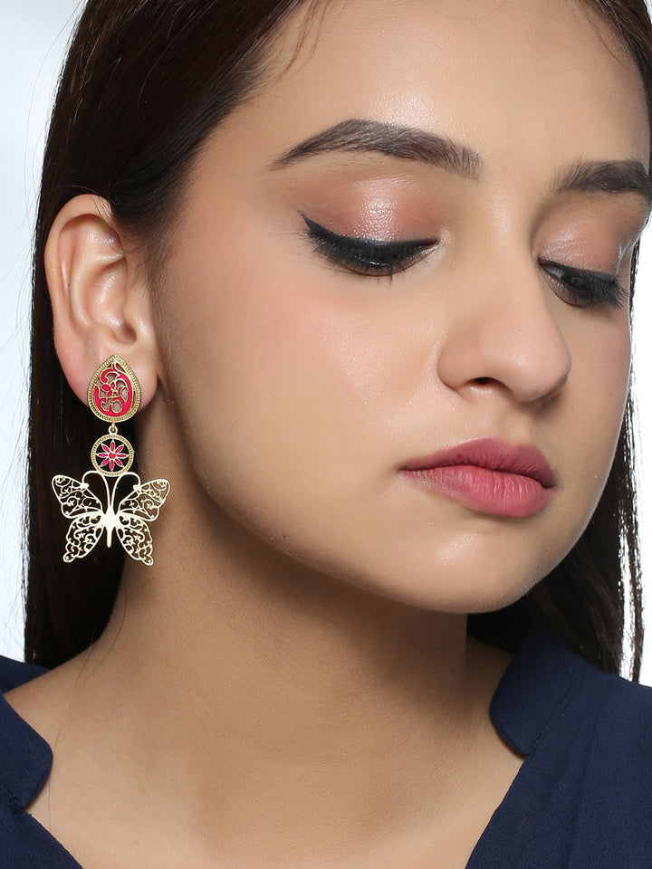 Gold-Matte Pink Meenakari Butterfly Earrings