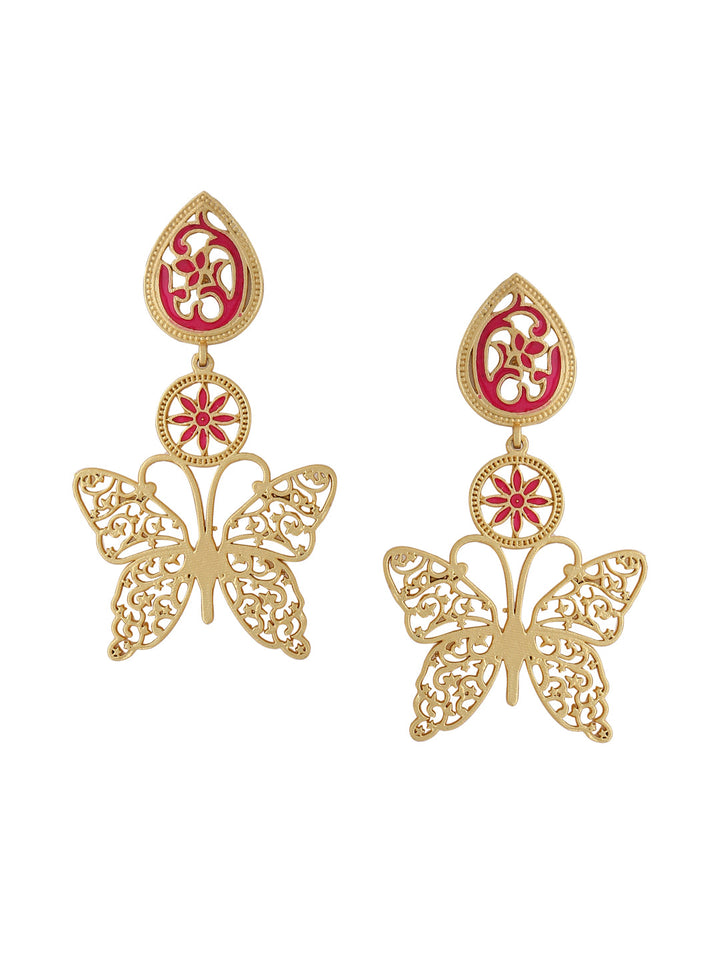 Gold-Matte Pink Meenakari Butterfly Earrings