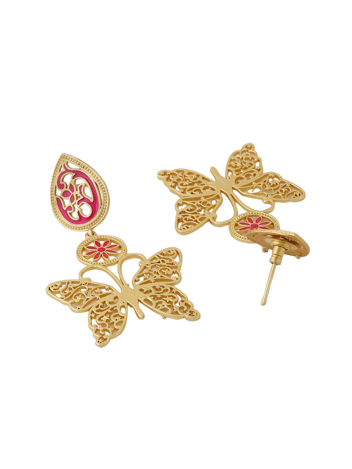 Gold-Matte Pink Meenakari Butterfly Earrings