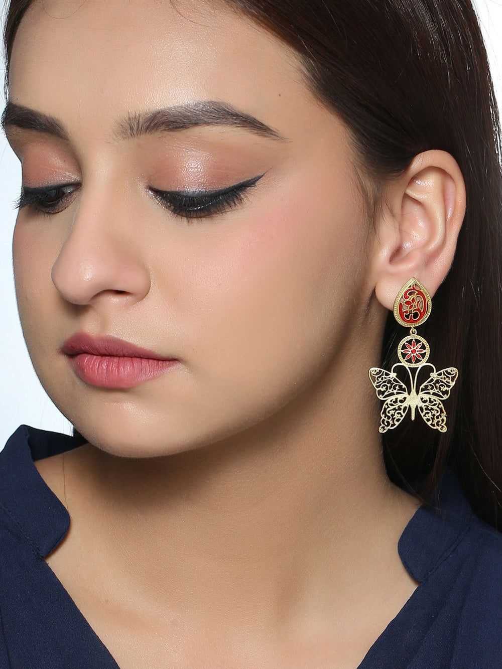 Gold-Matte Red Meenakari Butterfly Earrings