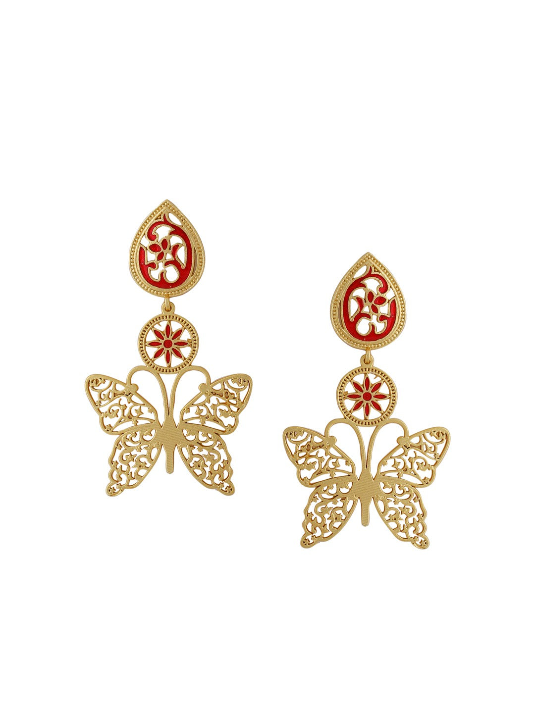 Gold-Matte Red Meenakari Butterfly Earrings
