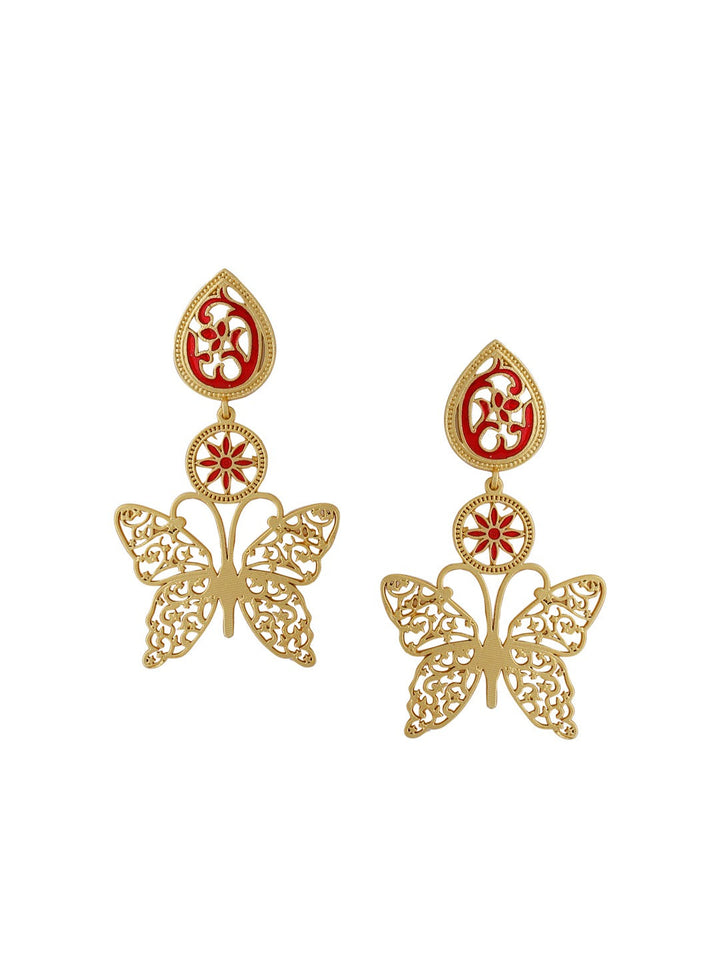 Gold-Matte Red Meenakari Butterfly Earrings