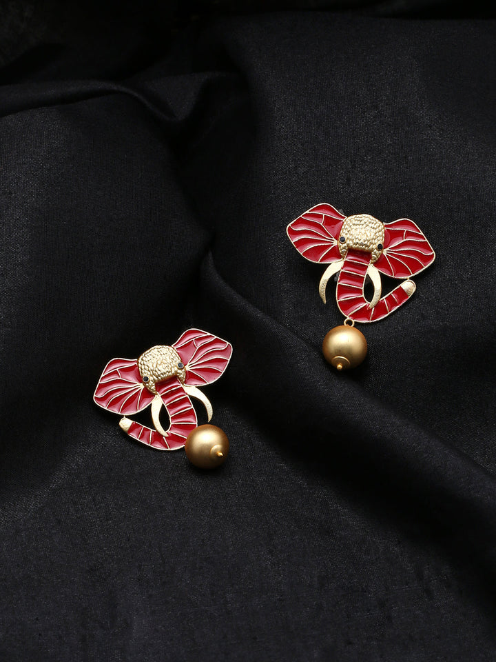 Gold-Matte Red Meenakari Elephant Earrings