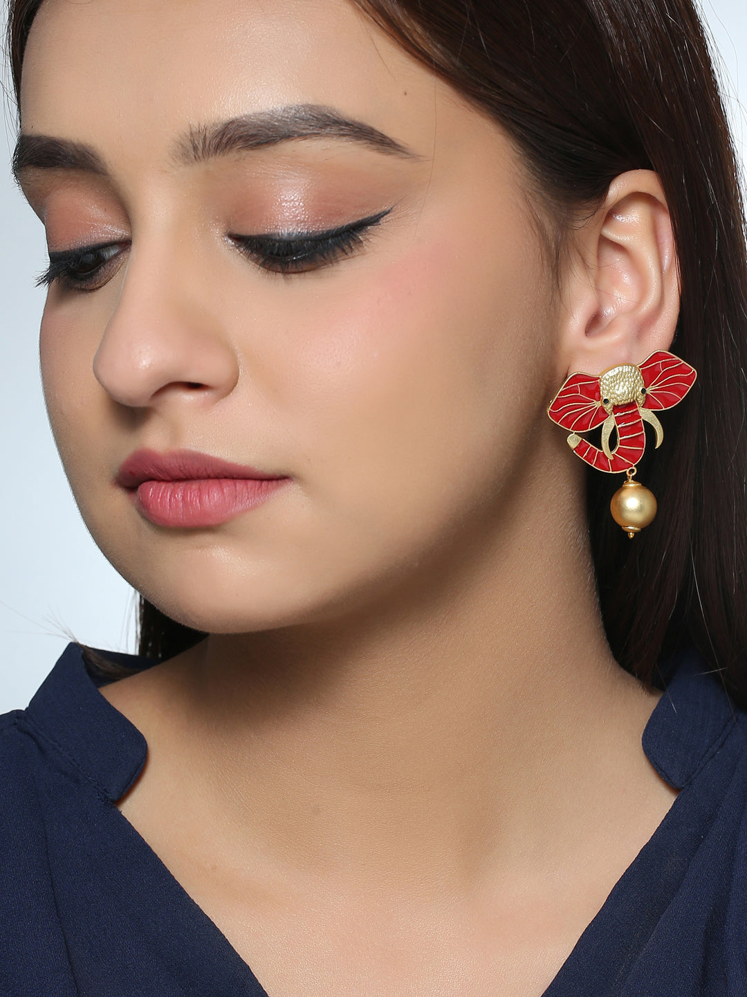 Gold-Matte Red Meenakari Elephant Earrings