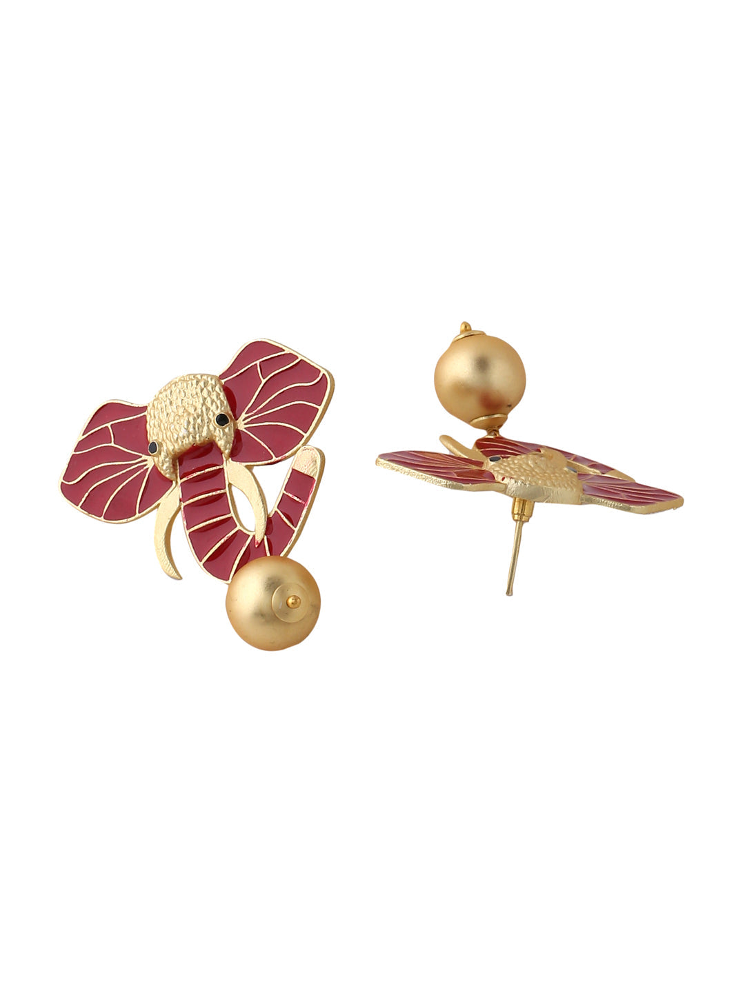 Gold-Matte Red Meenakari Elephant Earrings