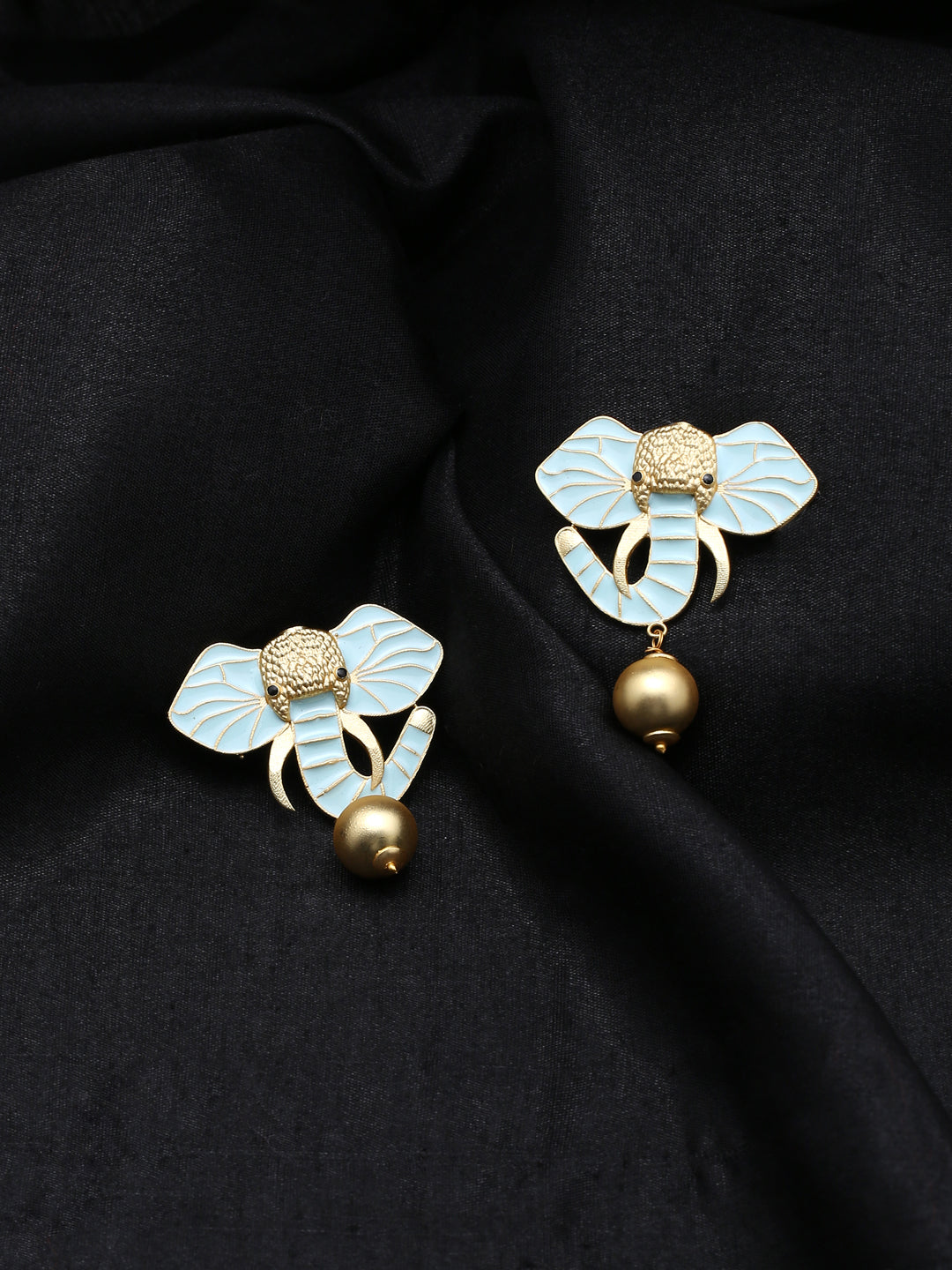 Gold-Matte Sky Meenakari Elephant Earrings
