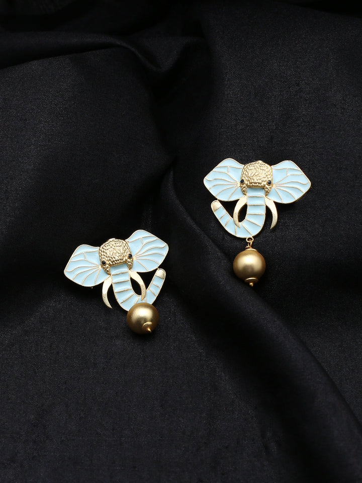 Gold-Matte Sky Meenakari Elephant Earrings