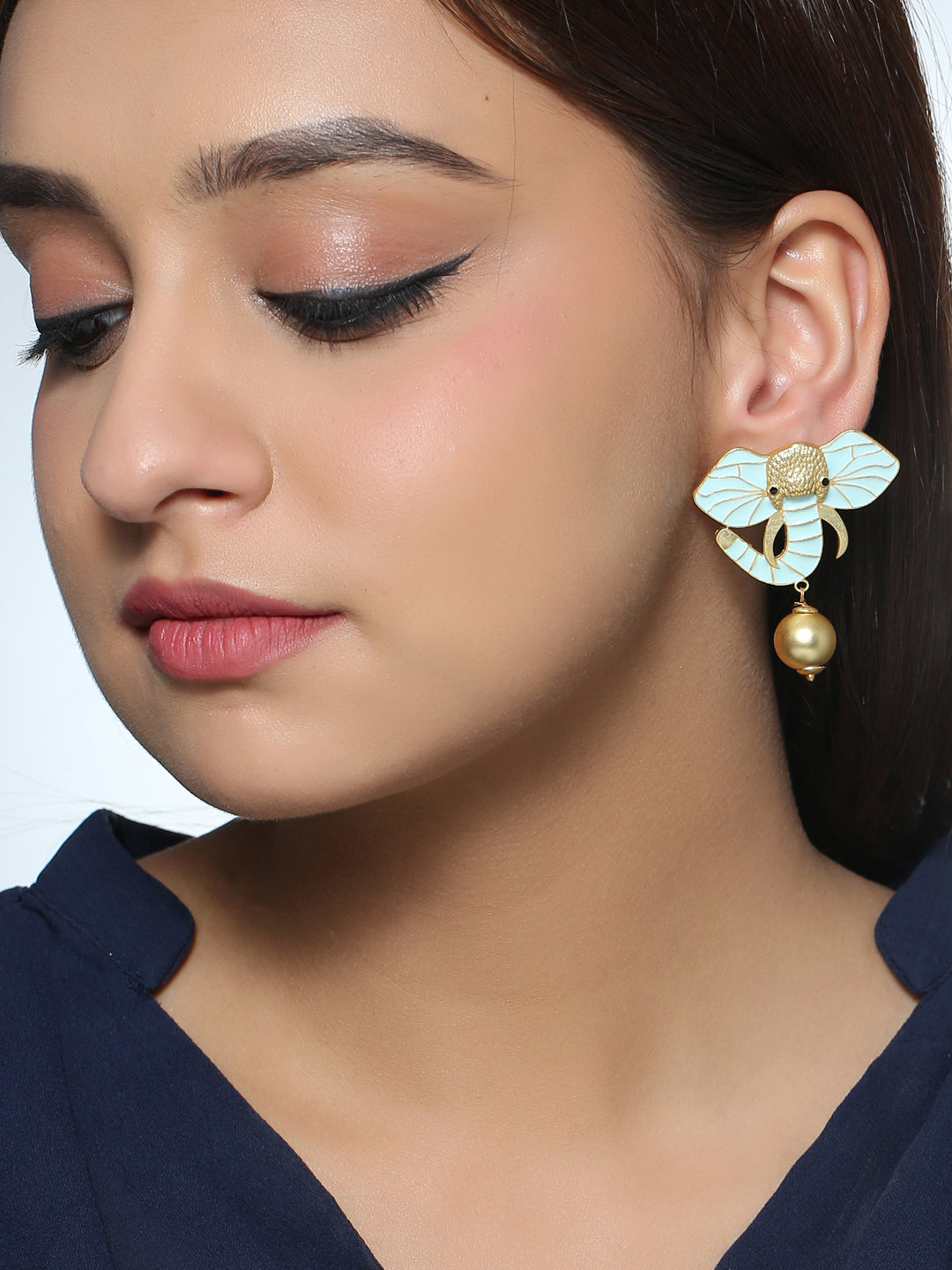 Gold-Matte Sky Meenakari Elephant Earrings