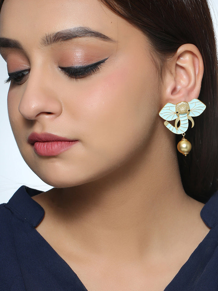 Gold-Matte Sky Meenakari Elephant Earrings