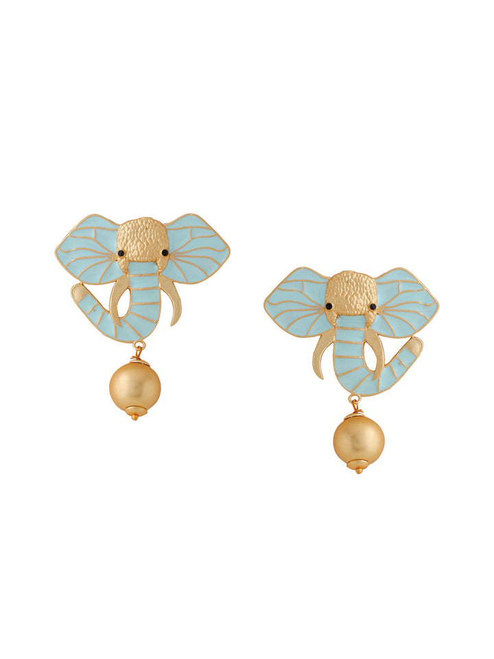 Gold-Matte Sky Meenakari Elephant Earrings